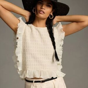 Anthropologie Blue Tassel Ruffle-Trim Sleeveless Top Size Large Cream